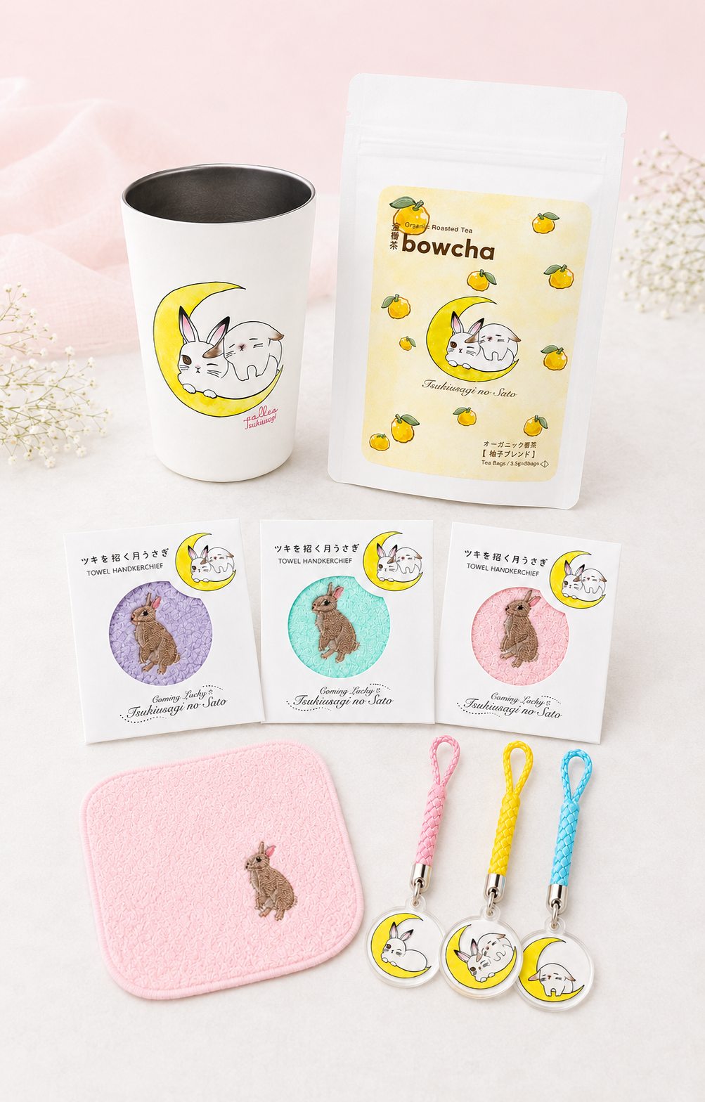 ムーン&ルナのオリジナルグッズ(タンブラー・加賀棒茶・タオルハンカチ・アクリルチャーム)